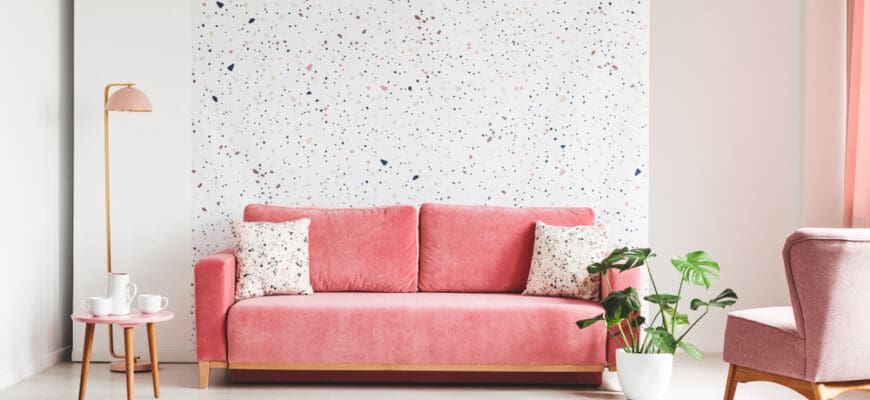 Real,Photo,Of,A,Pink,,Velvet,Sofa,,Plant,,Coffee,Table